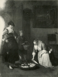 Fish seller and a servant in an interior with a young woman picking fish by Quirijn van Brekelenkam