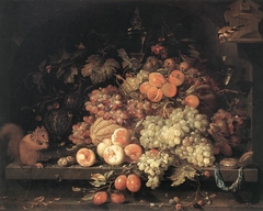 Fruit still life with goldfinch and squirrel by Abraham Mignon