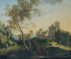 Ideale Landschaft mit Bäumen und befestigtem Dorf (Der Abend) by Johann Christian Brand