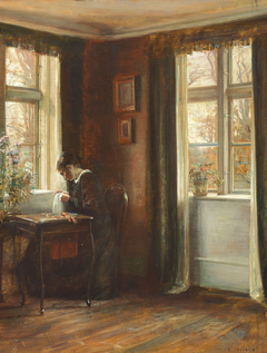 Interior. The artist's wife sewing by the window. by Carl Holsøe