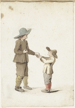 Jongen geeft een appel aan een jongere jongen by Gesina ter Borch