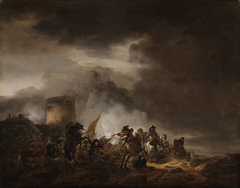 Kampf zwischen Reitern und Fußvolk vor einer Befestigungsanlage by Philips Wouwerman