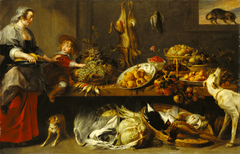 Kitchen Still Life with a Maid and Young Boy by Anonymous