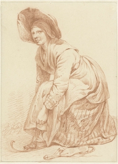 Knielende vrouw die haar schaatsen ombindt by François Joseph Pfeiffer II