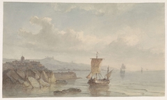 Kustlandschap met haven en schepen op het water by Christiaan Lodewijk Willem Dreibholtz