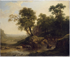 Landscape with a River and Horses by a Wooden Bridge by Thomas Roberts