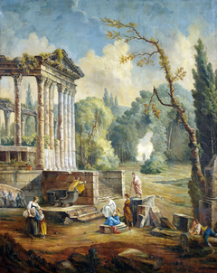 Landscape with Temple Ruin and People Listening to an Orator by Hubert Robert