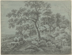 Landschap met bomen aan water by Egbert van Drielst