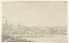 Landschap met een dorp en een stenen brug by Unknown Artist