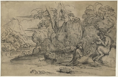 Landschap met een fluitspelende sater, vrouw en putto by Unknown Artist