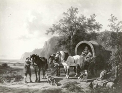 Landschap met een huifkar met drie paarden by Wouterus Verschuur