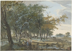 Landschap met een huis tussen bomen en een weg langs akkers by Hermanus van Brussel