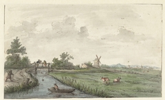 Landschap met een sloot en een landweg by Unknown Artist