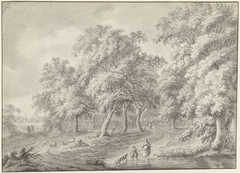 Landschap met moeder en kind met hond wadend door een poel by Unknown Artist