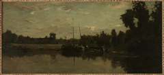 Landschap met schepen op een rivier in de avond. by Charles-François Daubigny