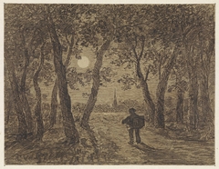 Man wandelend uit een bos bij maanlicht by Cornelis van der Grient