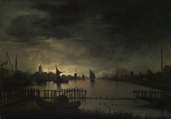 Mondscheinlandschaft mit einer Stadt an breitem Kanal by Aert van der Neer