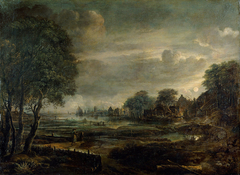 Moonlight Landscape with village by Aert van der Neer