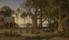 Moonlit Scene of Indian Figures and Elephants among Banyan Trees, Upper India (probably Lucknow) by Auguste Borget