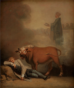 Niels Klim thinks he hears the Deacon when he is awakened by a Bull by Nicolai Abildgaard