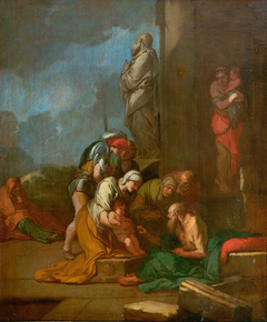 Nymphe Liriope bringt ihren Sohn Narcissus zu Tiresias by Giulio Carpioni