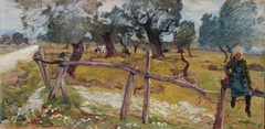 Olive grove with peasant girl and buffaloes by Mario Puccini