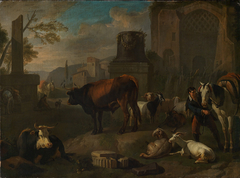Pferde, Rinder, Schafe und Ziegen zwischen römischen Ruinen by Pieter van Bloemen