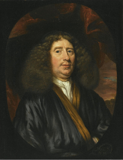 Portrait of a gentleman wearing a dark blue coat with a white chemise by Nicolaes Maes