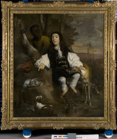 Portret van een jager met neger en honden by Willem Eversdijck