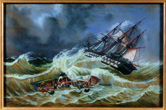 Reverse glass painting of the overturn of the sloop of the French man-of-war 'Algésiras' in 1831 by Ignatius Jan Weyts