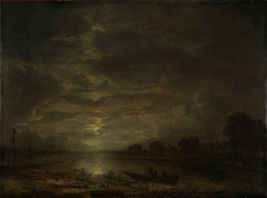 River landscape at moonshine by Aert van der Neer