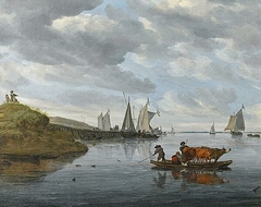 River landscape with boats and a ferry by a jetty by Salomon van Ruysdael