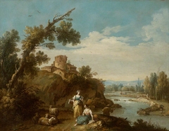 River Landscape with two Country Women and Four Sheep on a Winding Road, a Fisherman and Farm buildings round an Old Round Tower in the middle distance by Giuseppe Zais