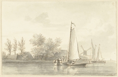 Riviergezicht met zeilschip en roeiboot by Martinus Schouman