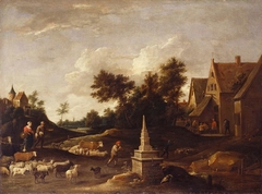 Shepherds with their Flocks Approaching a Tavern by Style of David Teniers the Younger