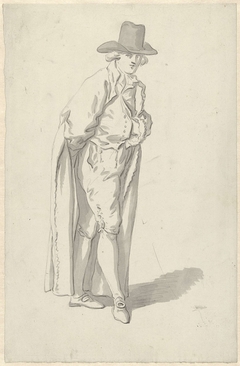 Staande figuur in lange jas en hoed, linkerhand in zijn vest by Johannes Ziesenis