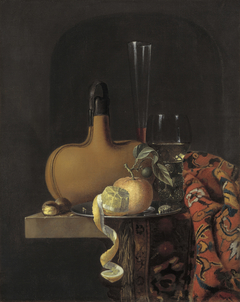 Still life with a field flask, roemer and fruit by Claes Bergoijs