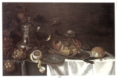 Still life with Jug, fruit, and crab on a draped table by T Hooghen Manert