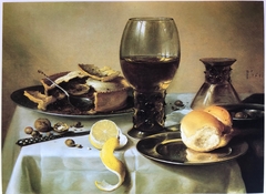 Still life with roemer, upturned berkemeyer, pie, spoon, knife, bread and lemon by Pieter Claesz