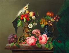 Stillleben mit Rosen, Früchten, Cockatiel und Hirschkäfer by Leopold Brunner