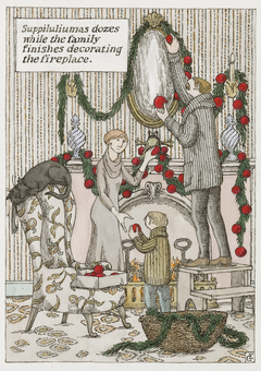 Suppiluliumas Dozes While the Family Finishes Decorating the Fireplace by Edward Gorey