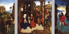 Triptych Saint John the Baptist (recto left), The adoration of the Magi (middle), Saint Christopher (recto right); Saint Catherine (verso left), Saint Barbara (verso right) by Dieric Bouts