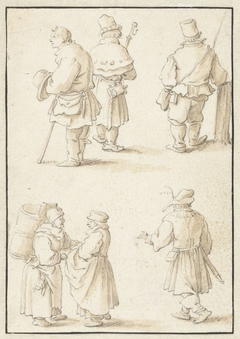 Twee marktvrouwen en vier mannen by Herman Saftleven