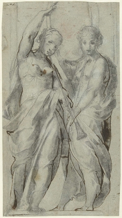 Twee vrouwen met bazuinen aan de mond by Giulio Cesare Procaccini