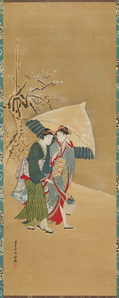 Two Beauties Walking in the Snow with Umbrella by Kubo Shunman