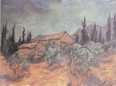 Huts surrounded by olive trees and cypresses by Vincent van Gogh