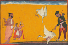 Valmiki sees the hunter killing one of a pair of Kraunch birds by Anonymous