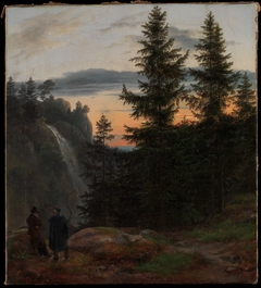 Two Men before a Waterfall at Sunset by Johan Christian Dahl