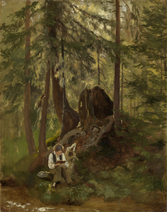 Waldinneres mit lesendem Knaben by Hans Thoma