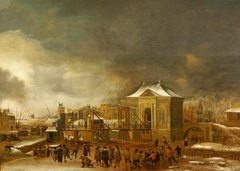 Winter Scene with the Amsterdam City Gate Heiligewegspoort by Abraham Beerstraaten